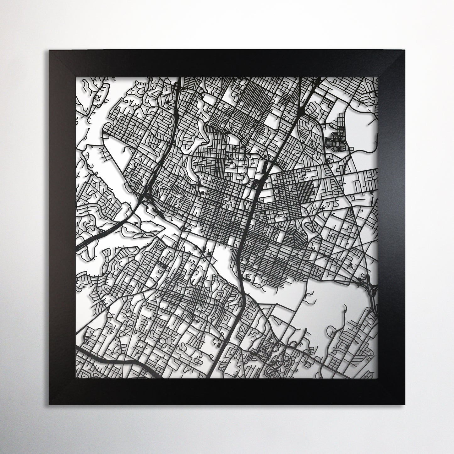 Austin TX square frame laser cut map - CarbonLight
