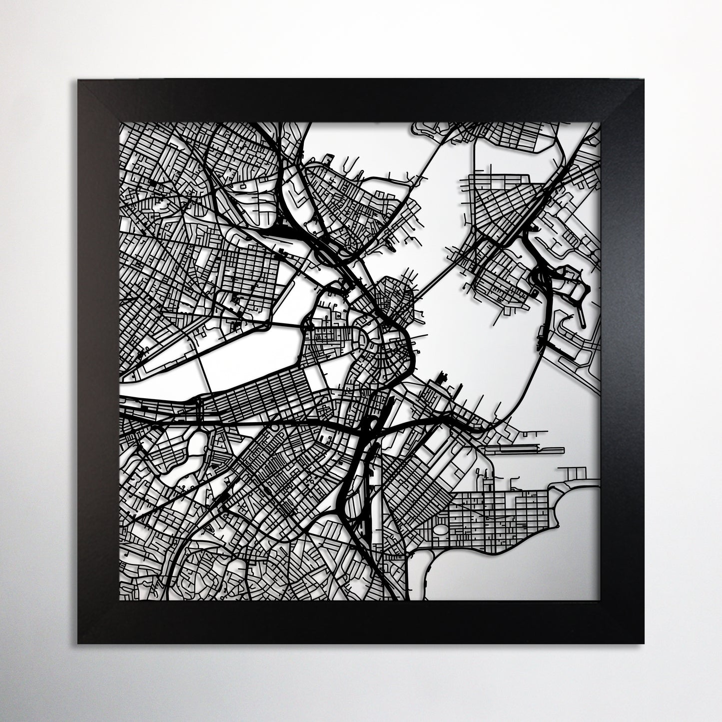 Boston, MA square frame laser cut map - CarbonLight