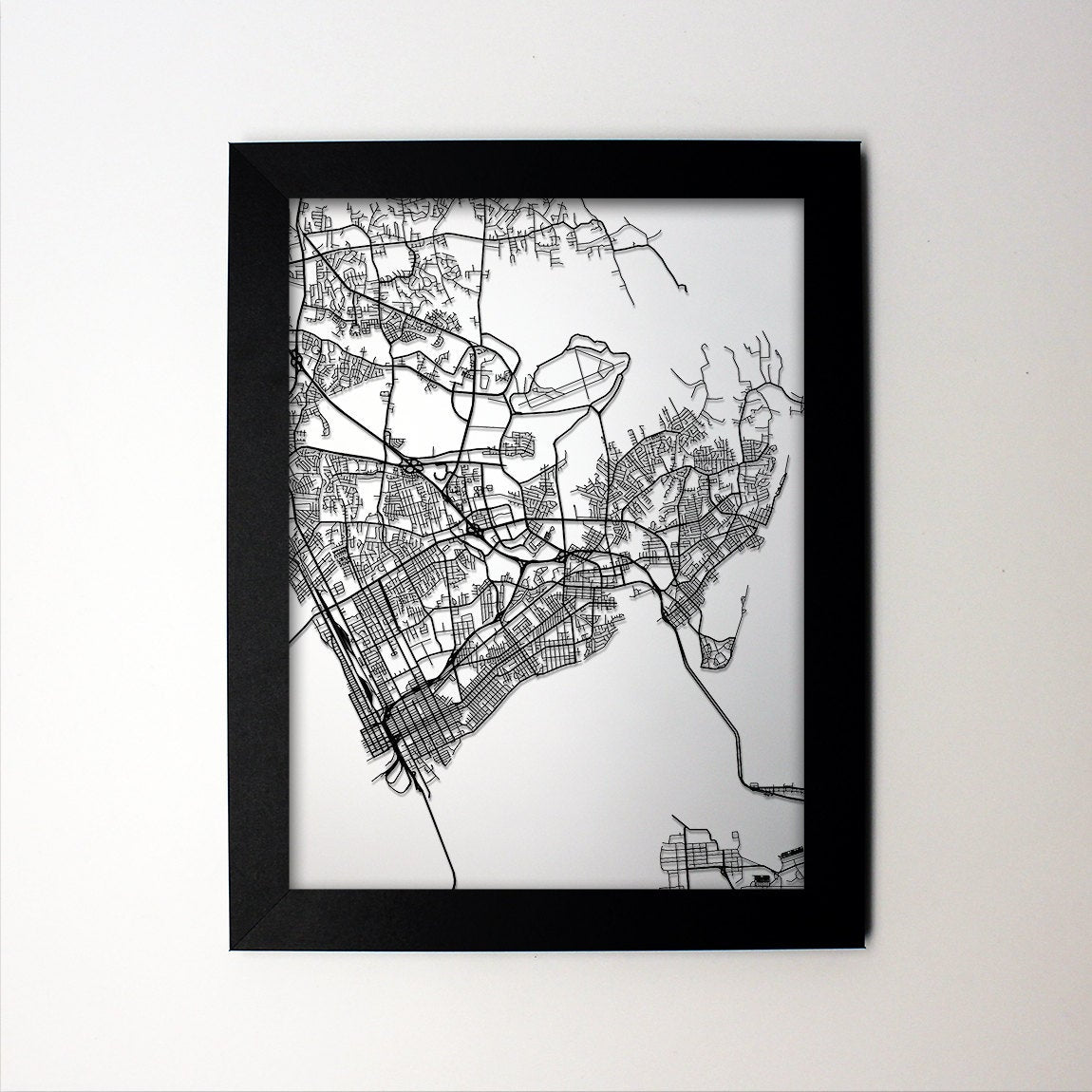 Hampton Virginia framed laser cut map - CarbonLight