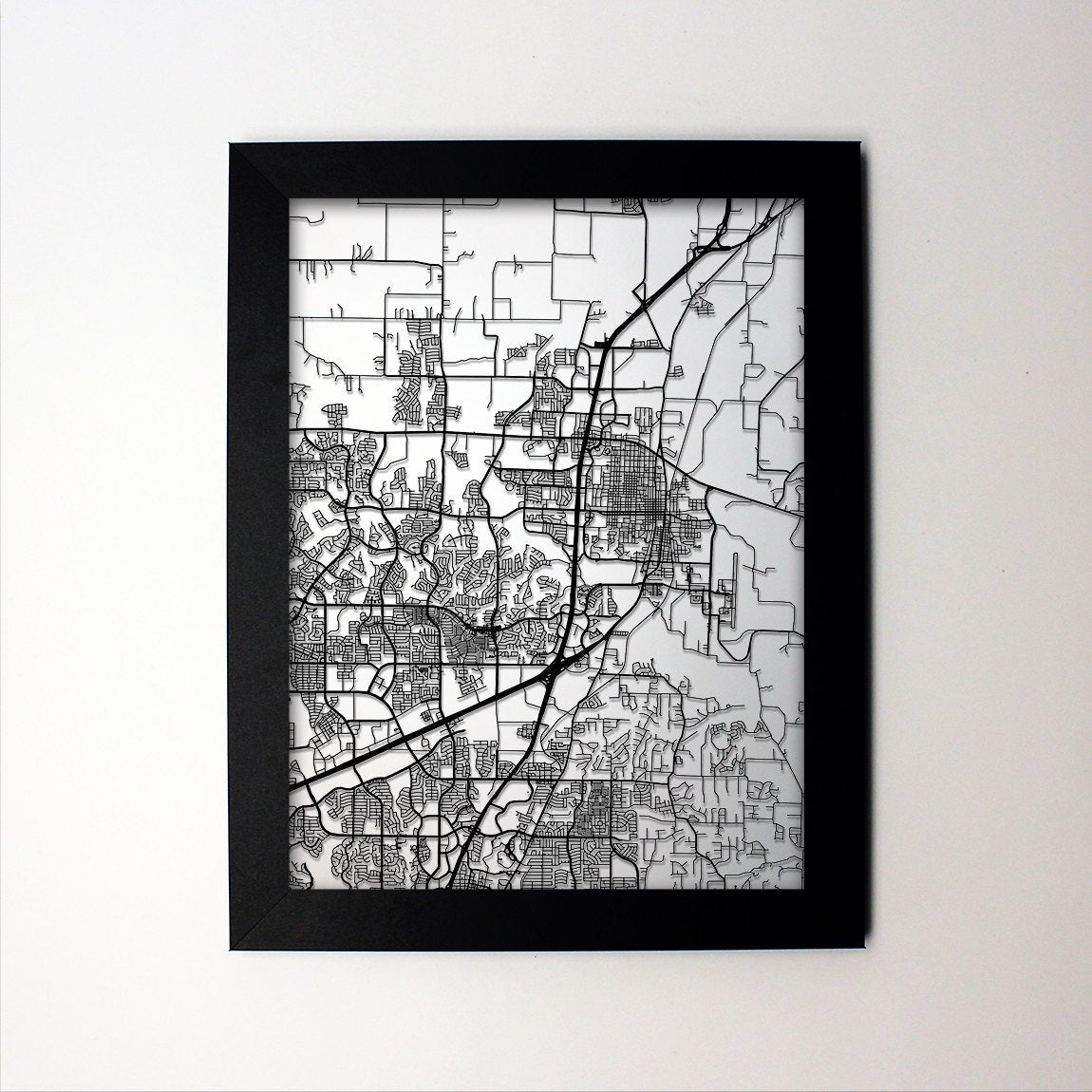 McKinney Texas framed laser cut map - CarbonLight
