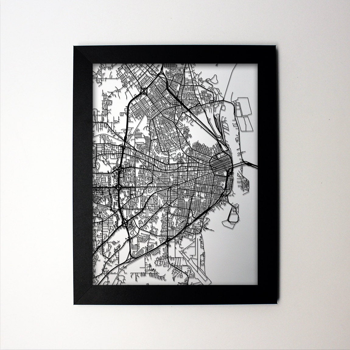 Mobile Alabama framed laser cut map - CarbonLight
