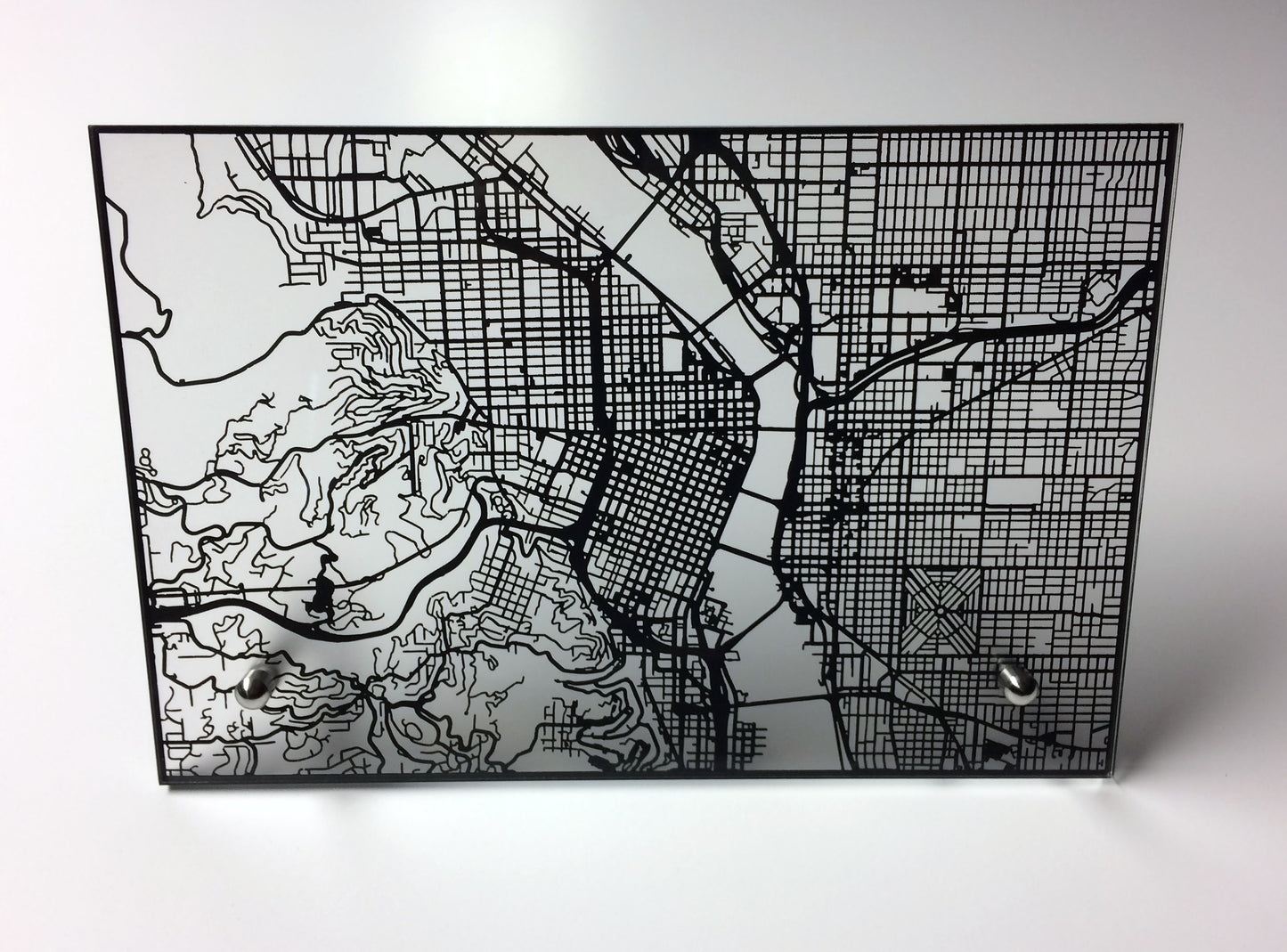 Portland OR laser cut desk map - CarbonLight