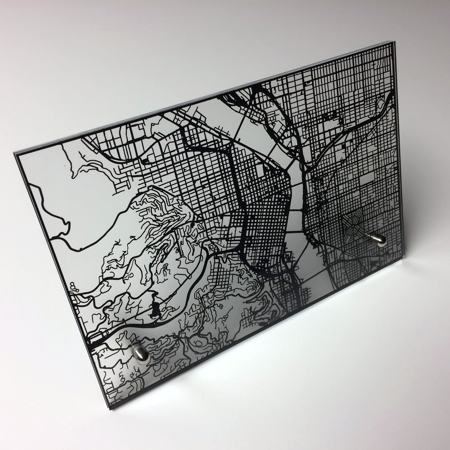 Portland OR laser cut desk map - CarbonLight