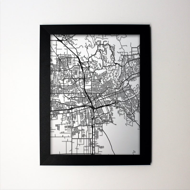 Santa Rosa California framed laser cut map - CarbonLight