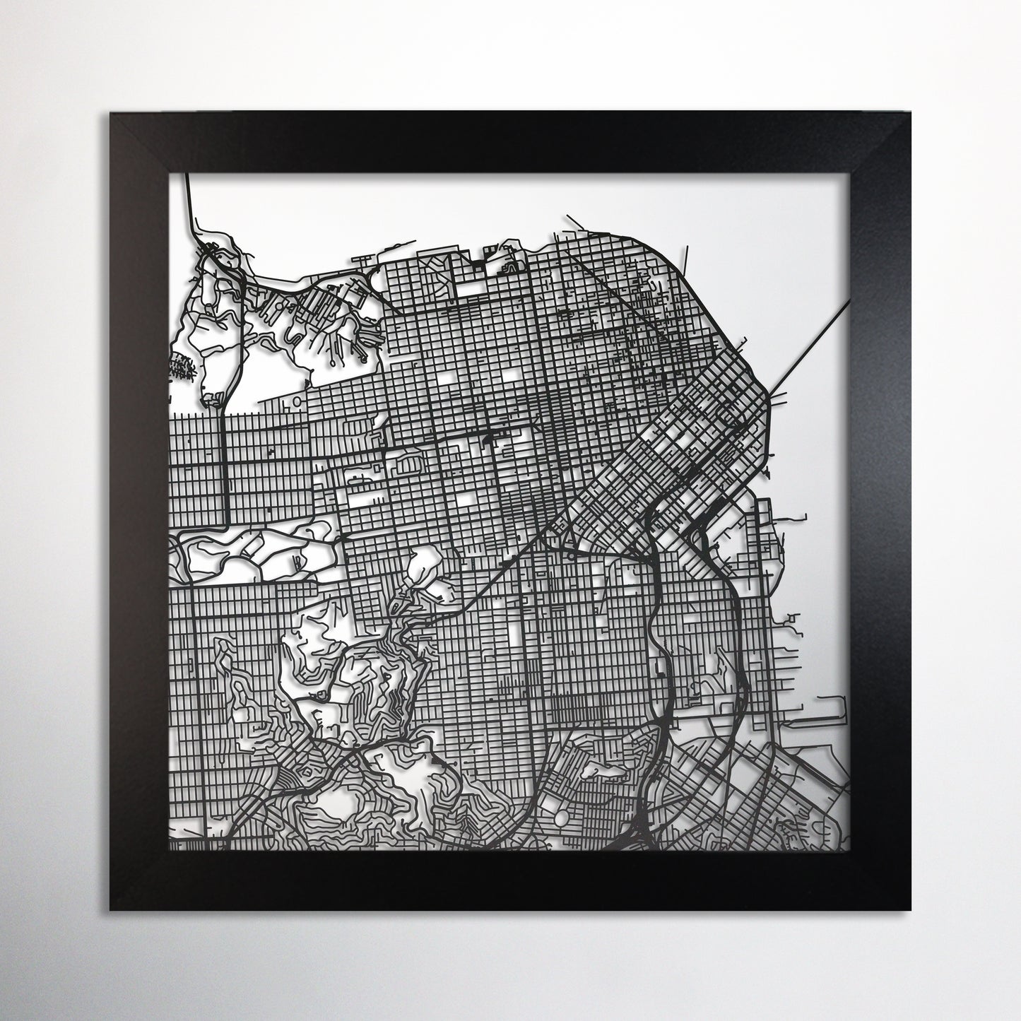 San Francisco, CA square frame laser cut map - CarbonLight