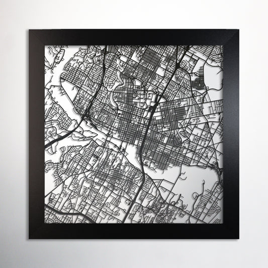 Austin TX square frame laser cut map - CarbonLight