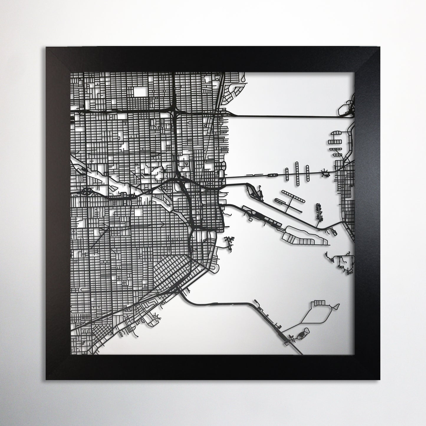 Miami, FL square frame laser cut map - CarbonLight
