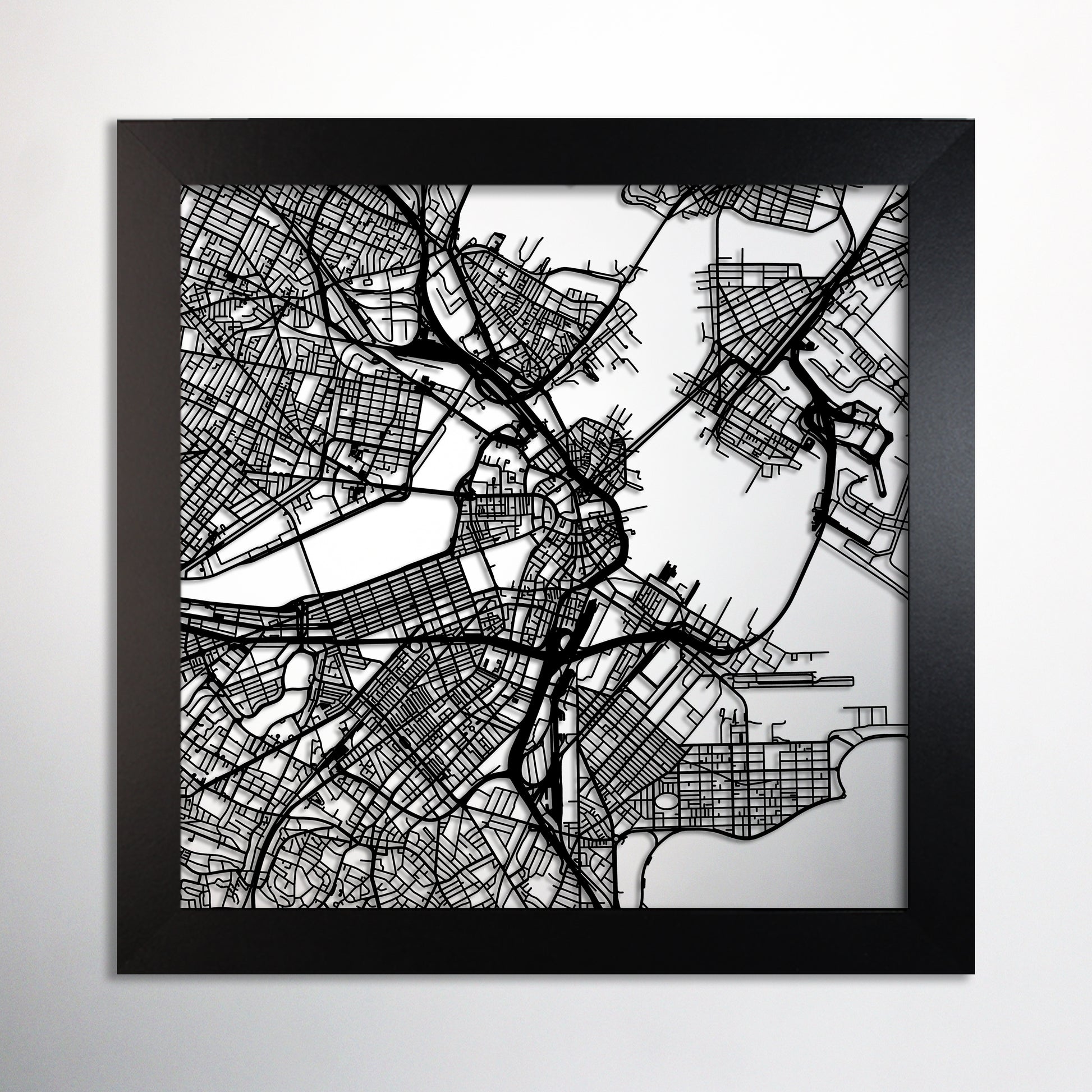 Boston, MA square frame laser cut map - CarbonLight