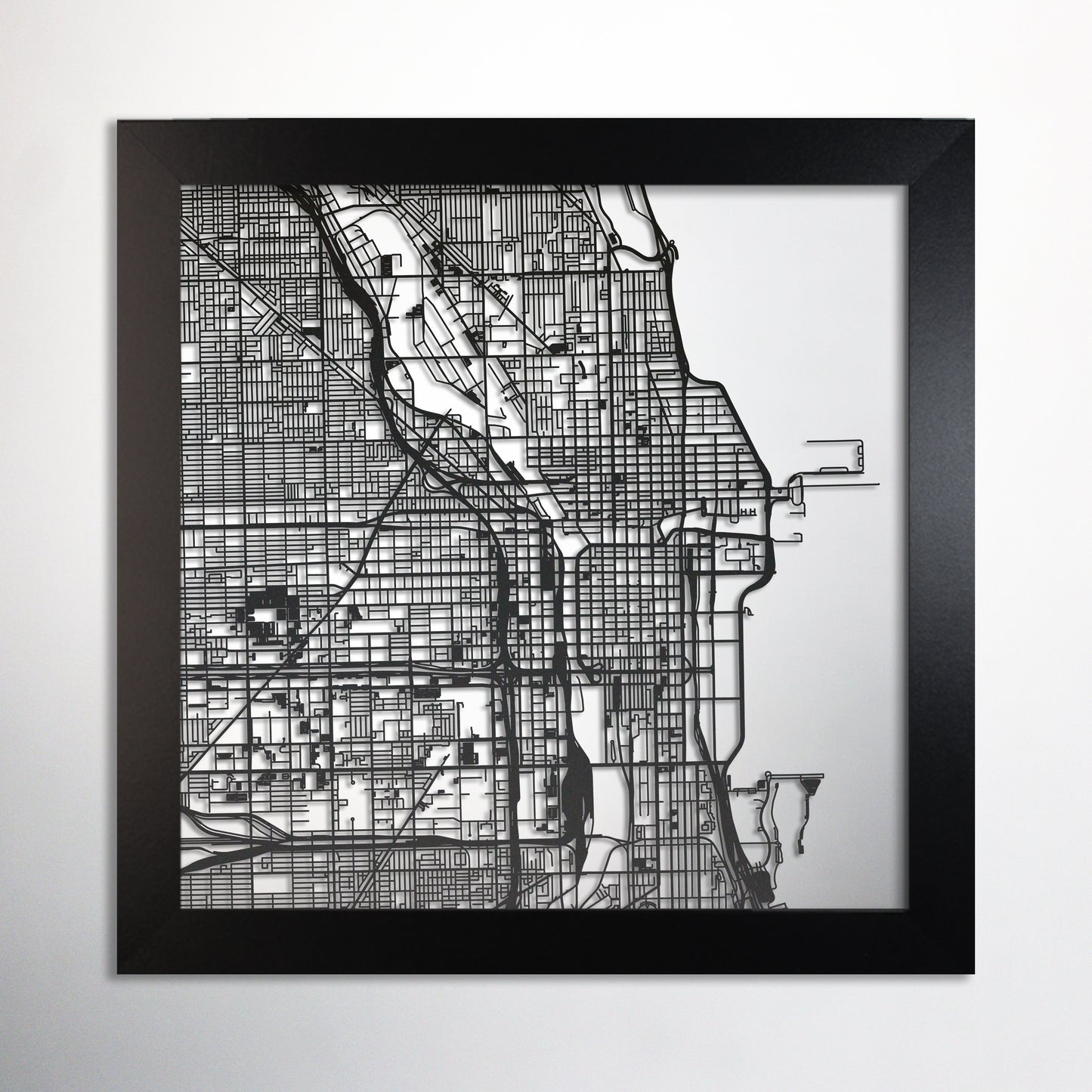 Chicago IL square frame laser cut map - CarbonLight