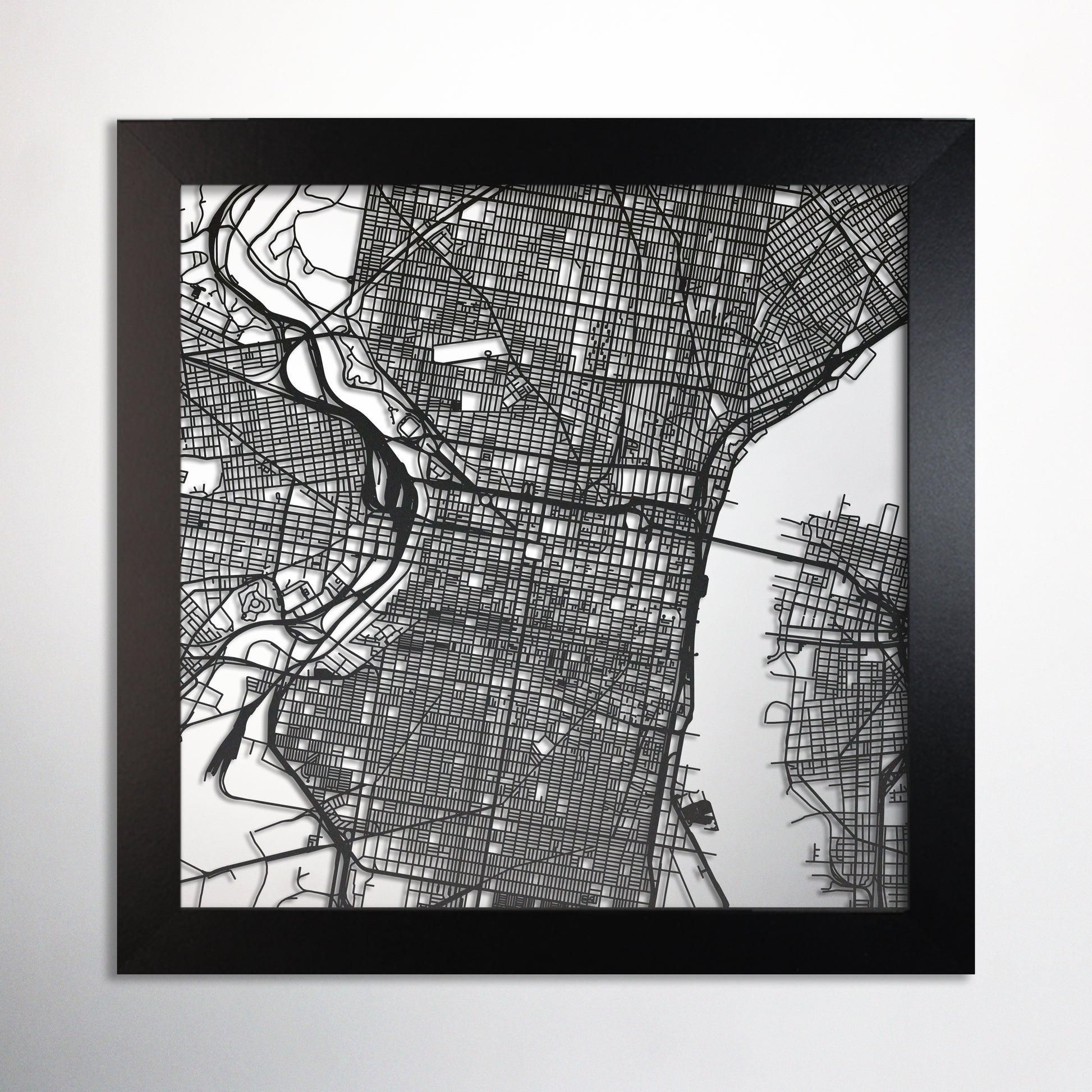 Philadelphia, PA square frame laser cut map - CarbonLight