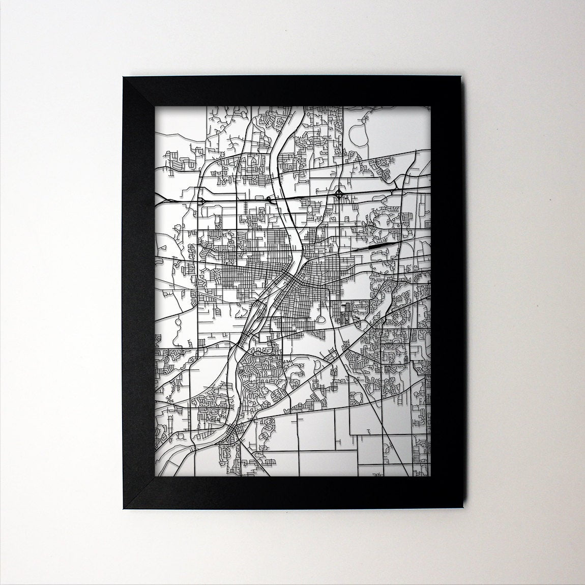 Aurora Illinois framed laser cut map - CarbonLight