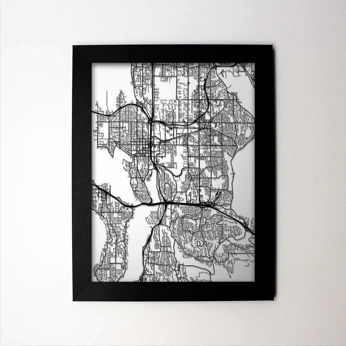 Bellevue Washington framed laser cut map - CarbonLight