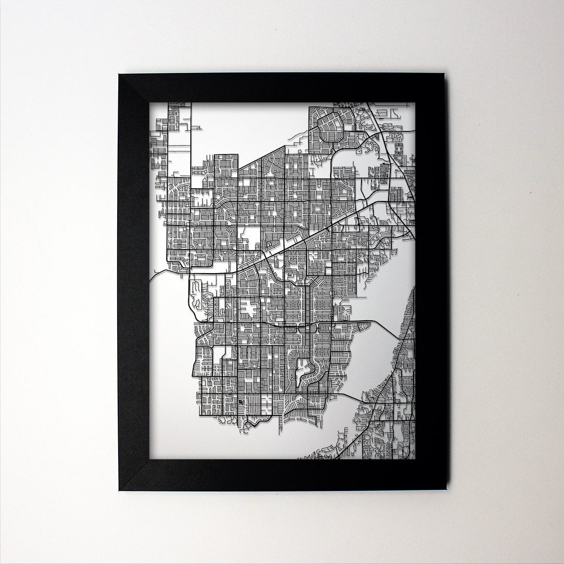 Cape Coral Florida framed laser cut map - CarbonLight