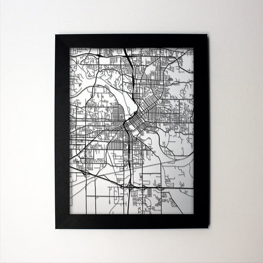 Cedar Rapids Iowa framed laser cut map - CarbonLight