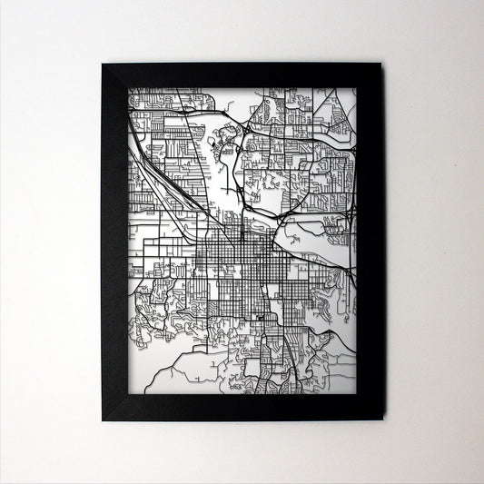 Eugene Oregon framed laser cut map - CarbonLight