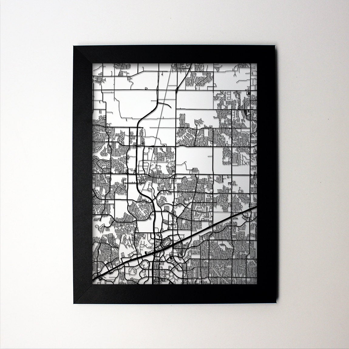 Frisco Texas framed laser cut map - CarbonLight