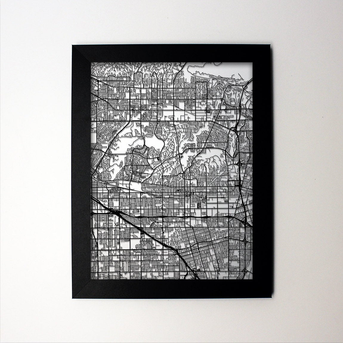 Fullerton California framed laser cut map - CarbonLight