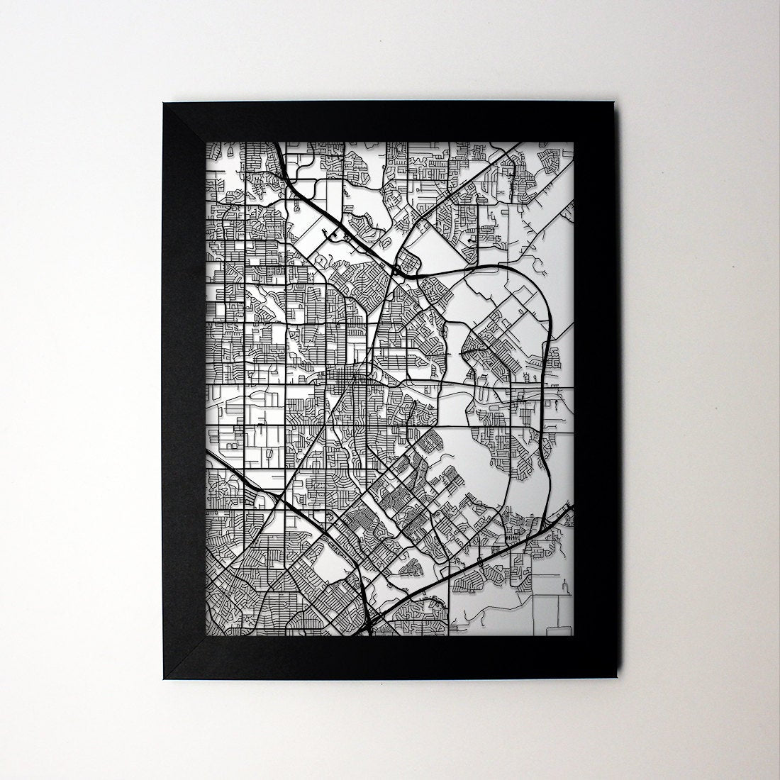 Garland Texas framed laser cut map - CarbonLight