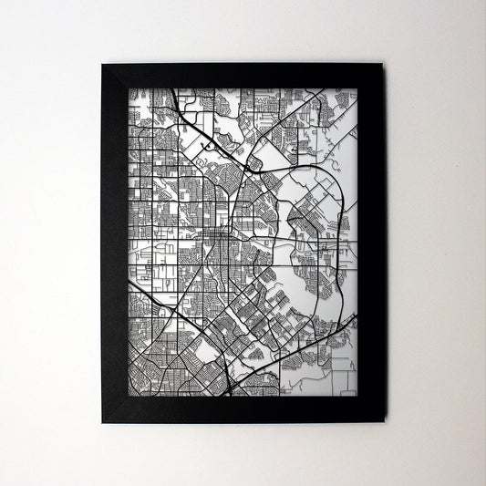 Garland Texas framed laser cut map - CarbonLight
