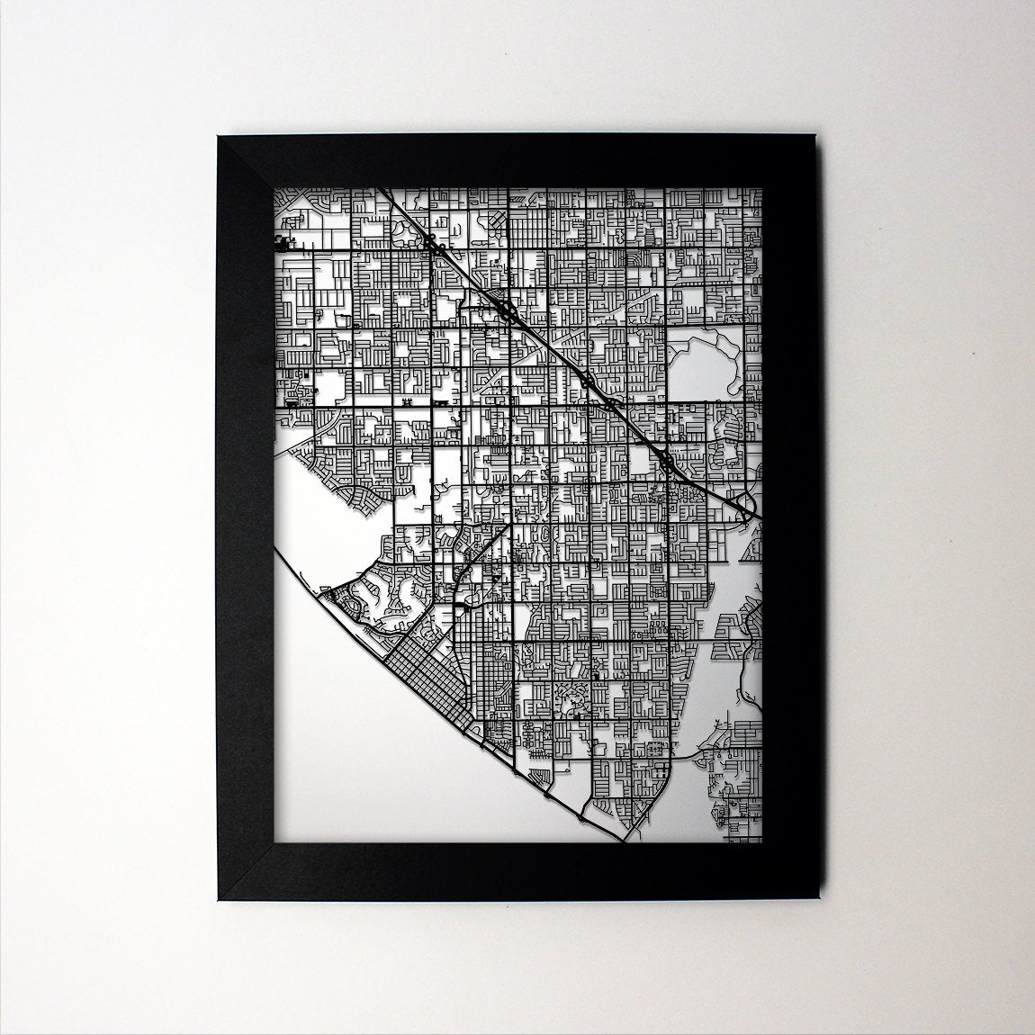Huntington Beach Florida framed laser cut map - CarbonLight