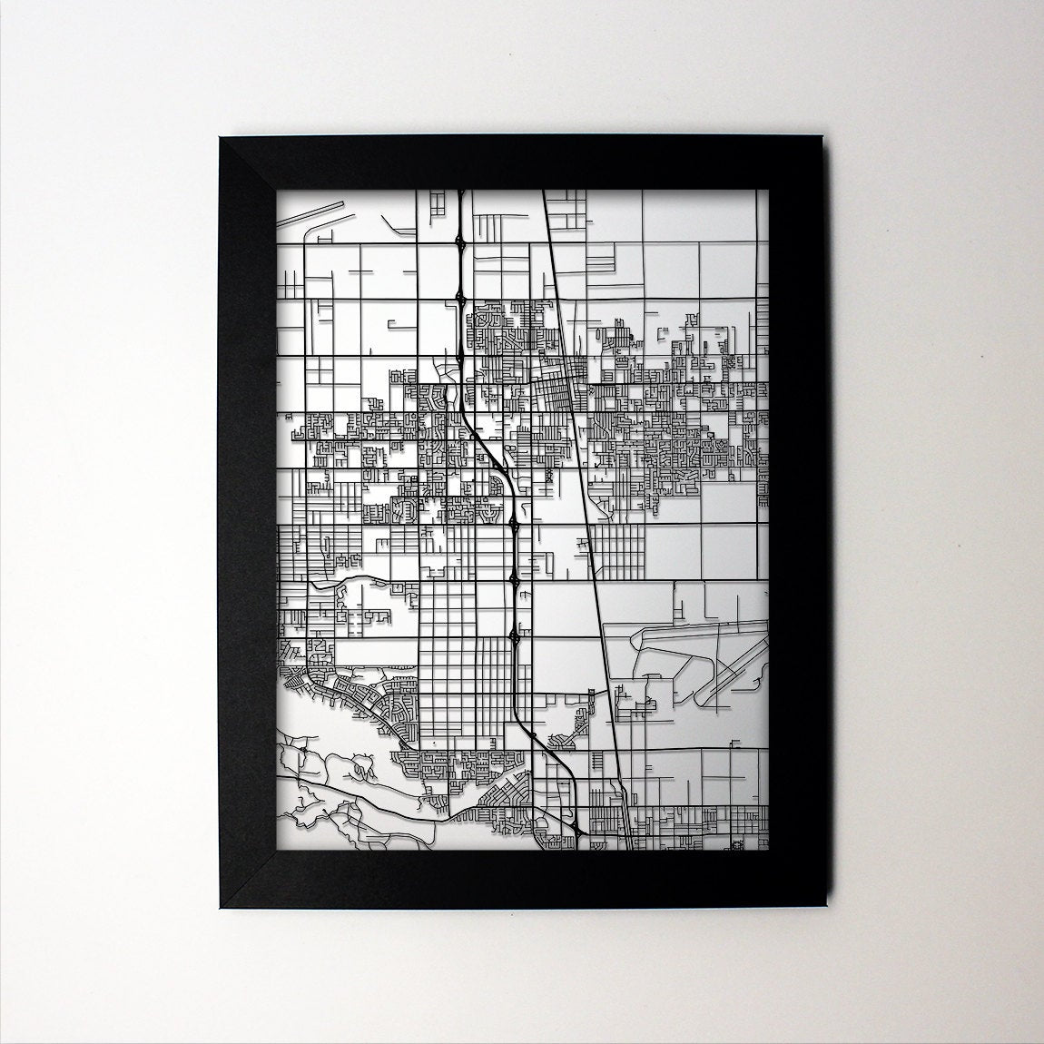 Lancaster California framed laser cut map - CarbonLight