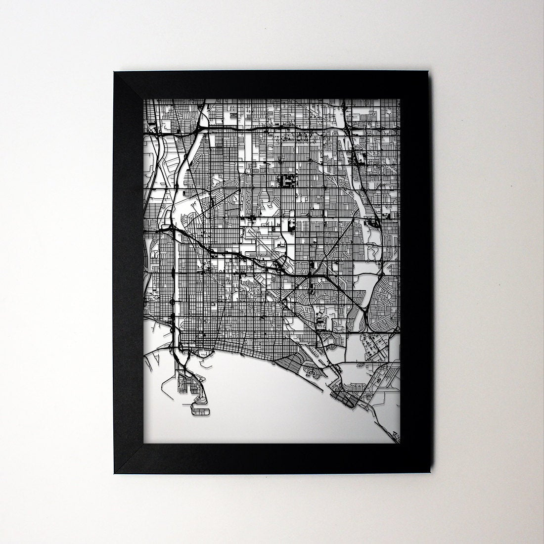 Long Beach California framed laser cut map - CarbonLight