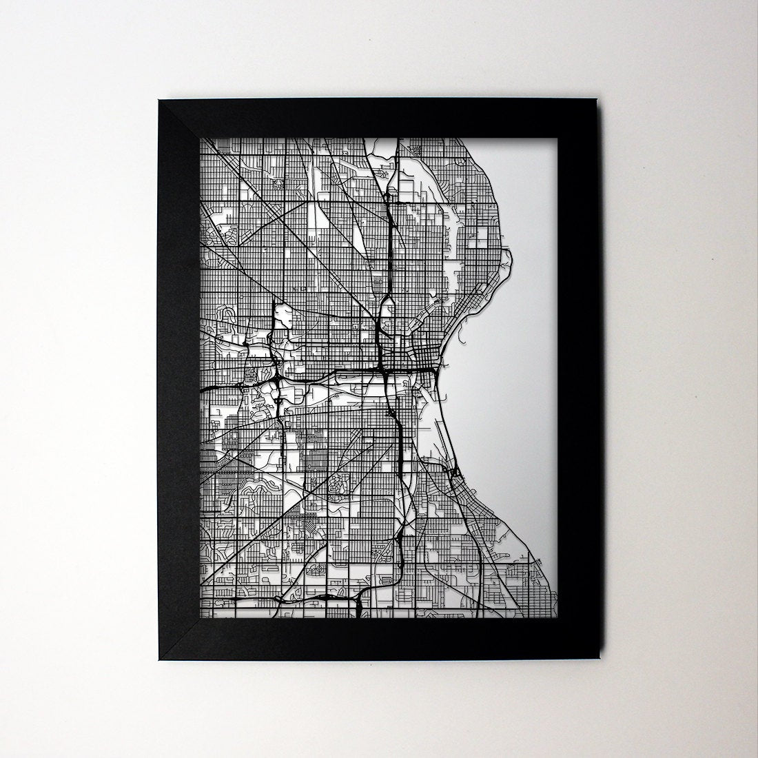 Milwaukee Wisconsin framed laser cut map - CarbonLight