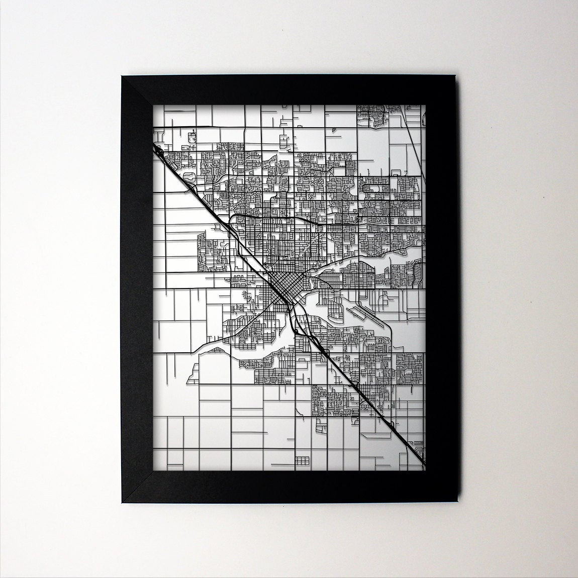 Modesto California framed laser cut map - CarbonLight