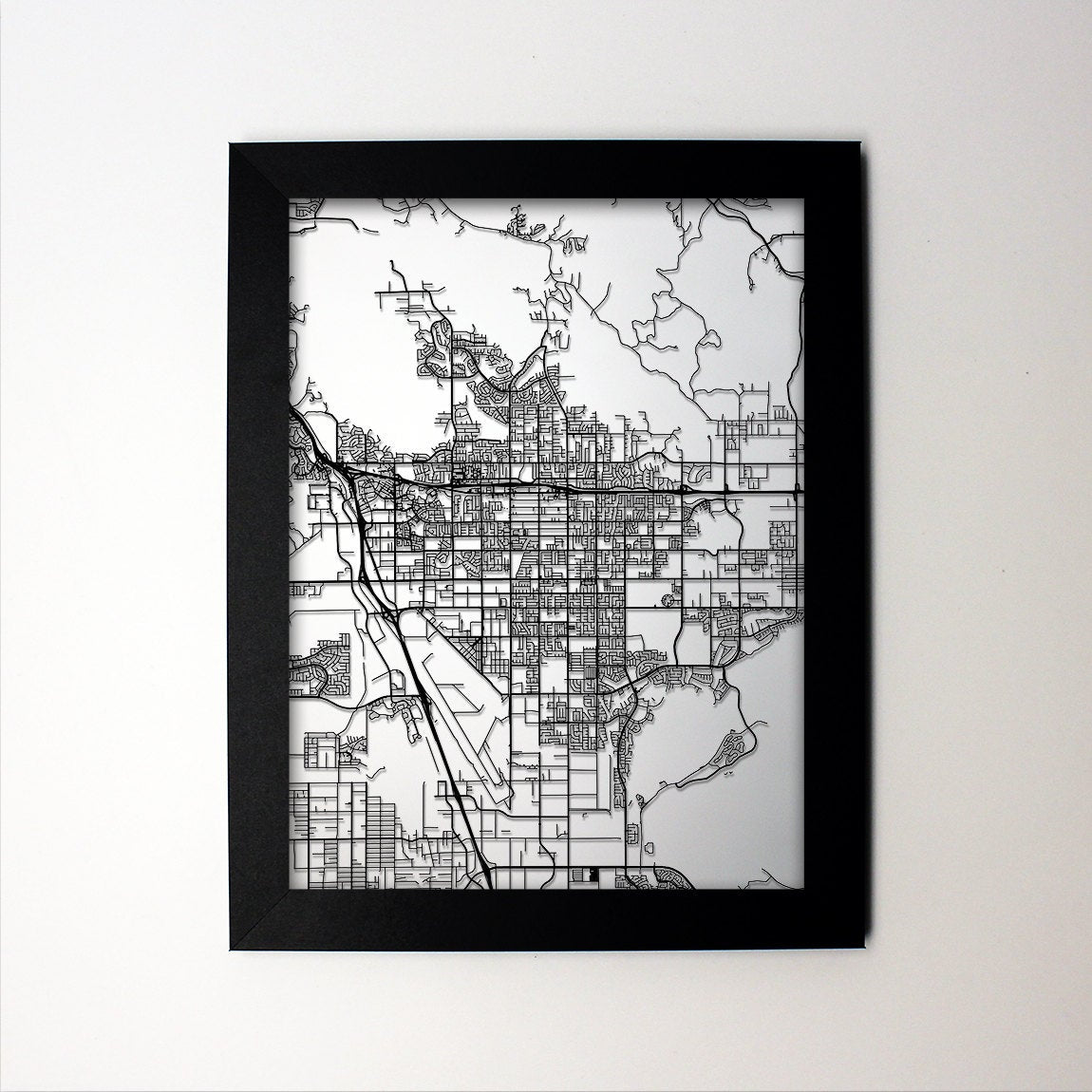 Moreno Valley California framed laser cut map - CarbonLight