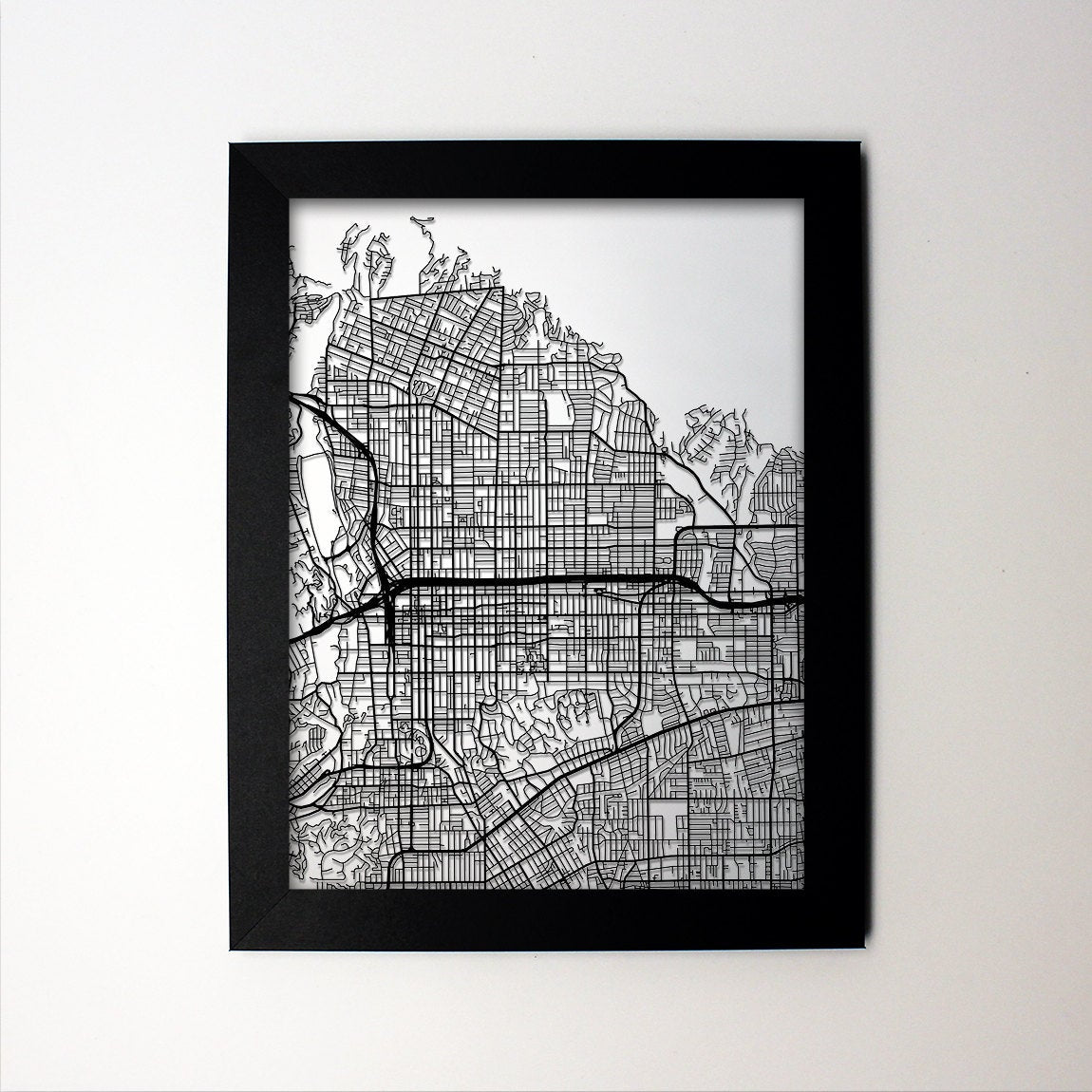 Pasadena California framed laser cut map - CarbonLight