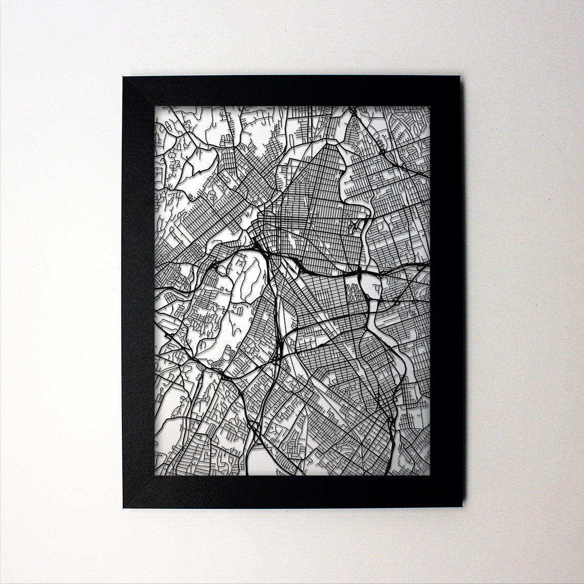 Paterson New Jersey framed laser cut map - CarbonLight