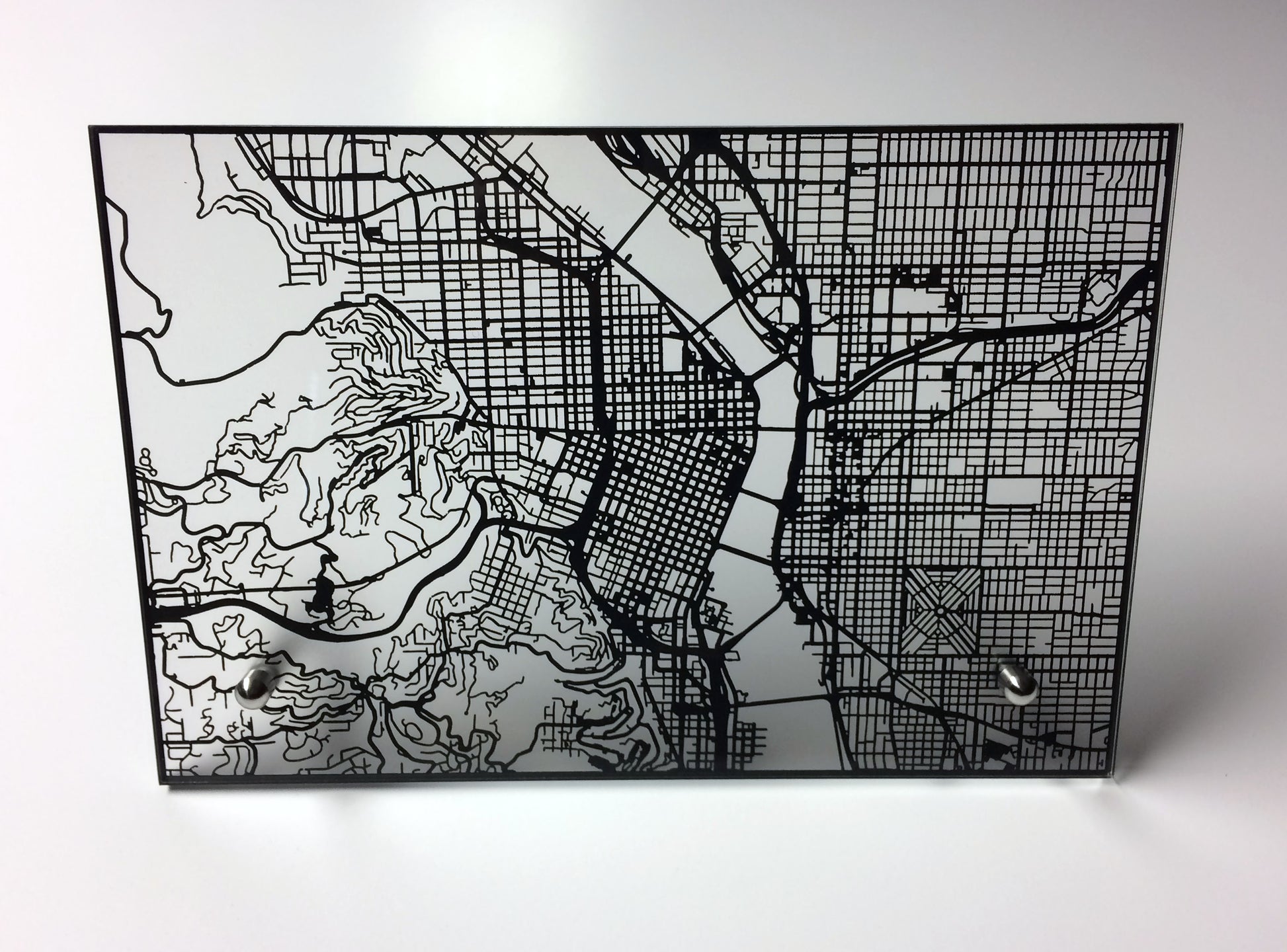 Portland OR laser cut desk map - CarbonLight