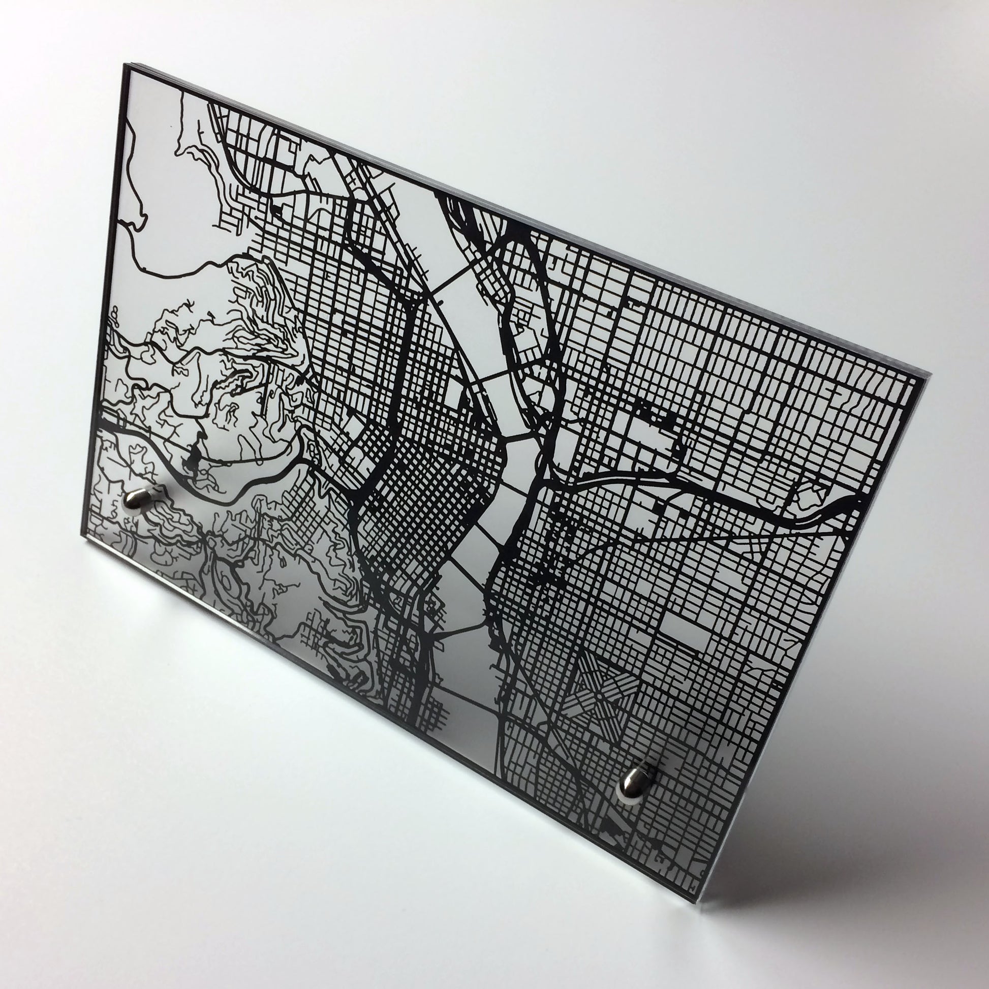 Portland OR laser cut desk map - CarbonLight