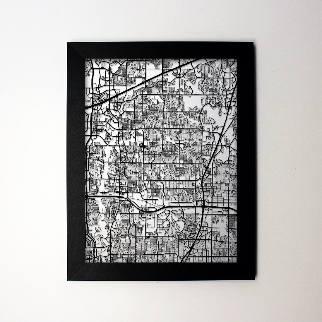 Plano Texas framed laser cut map - CarbonLight