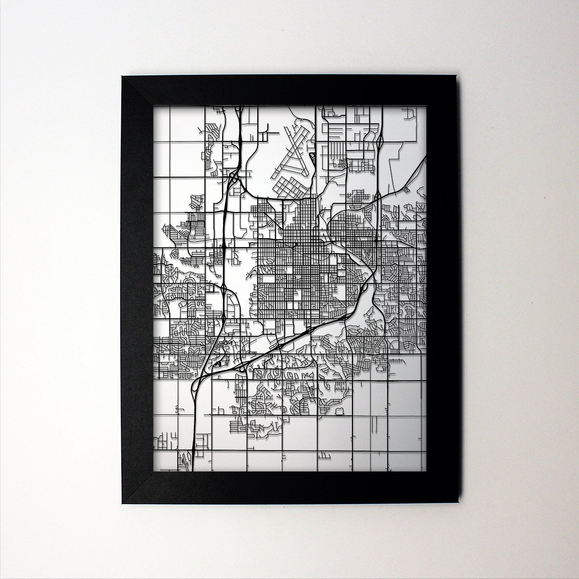 Sioux Falls South Dakota framed laser cut map - CarbonLight