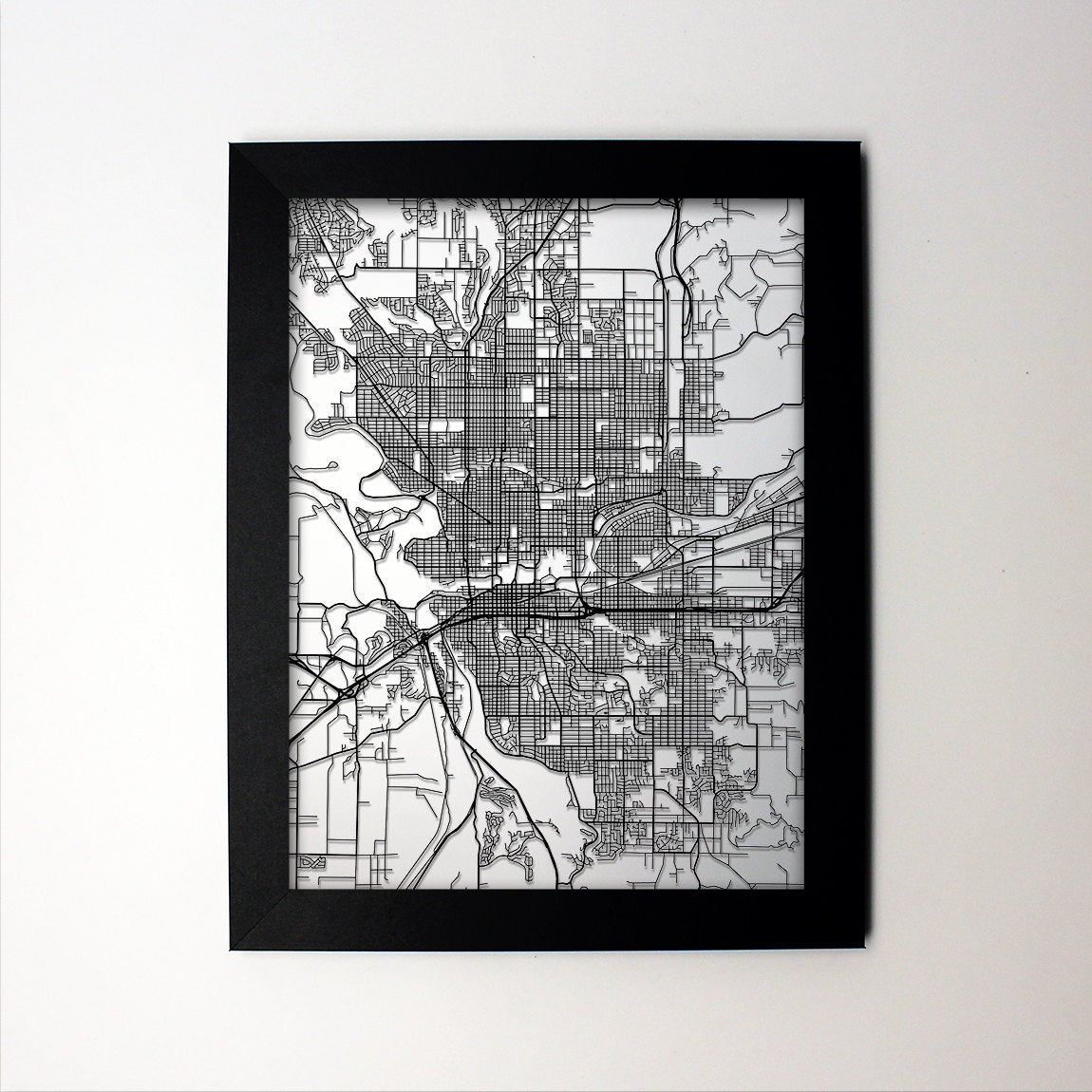 Spokane Washington framed laser cut map - CarbonLight