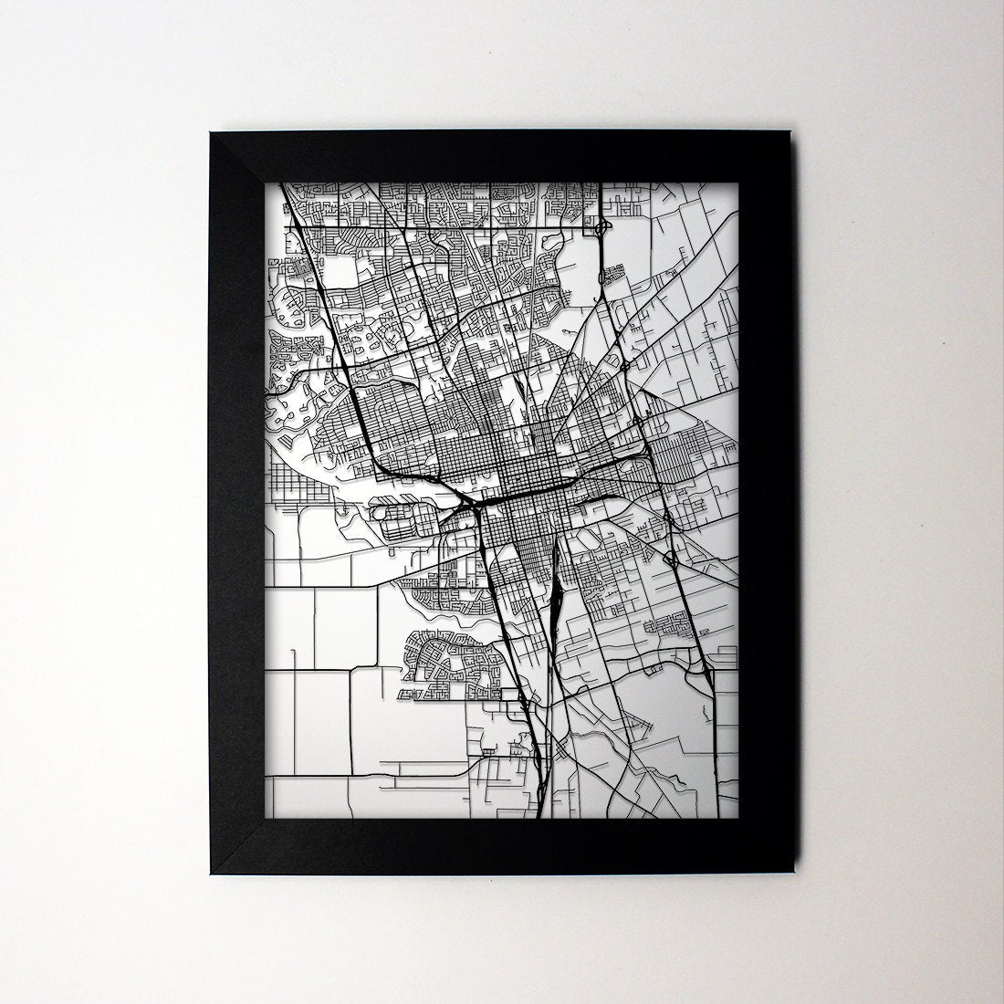 Stockton California framed laser cut map - CarbonLight