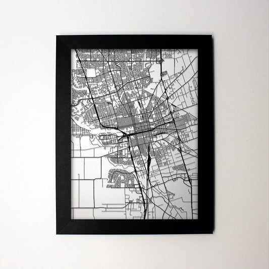 Stockton California framed laser cut map - CarbonLight