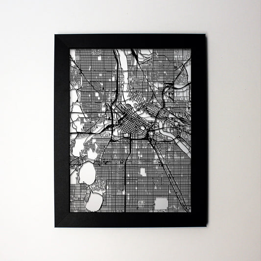 Minneapolis MN laser cut wall map - CarbonLight