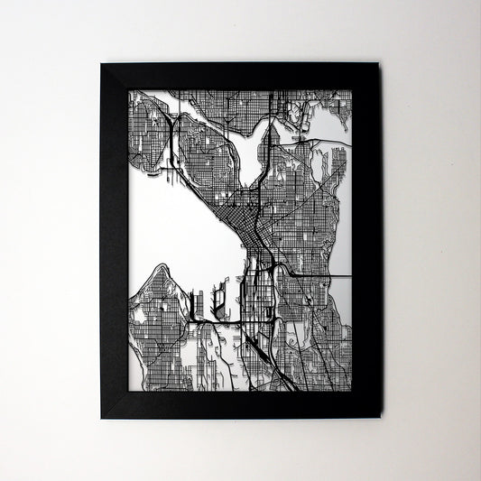 Seattle WA laser cut wall map - CarbonLight